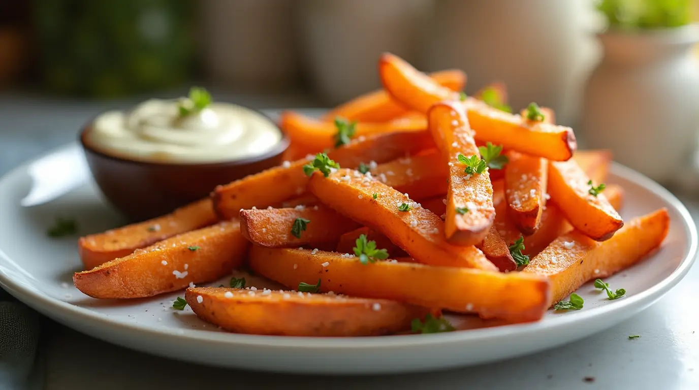 A plate of crispy golden-brown sweet potato fries garnished with fresh parsley and a sprinkle of sea salt, served with a side of creamy dipping sauce. The fries are perfectly crispy on the outside and soft on the inside. The cozy kitchen background features natural warm lighting and a wooden table, creating a delicious and inviting atmosphere.