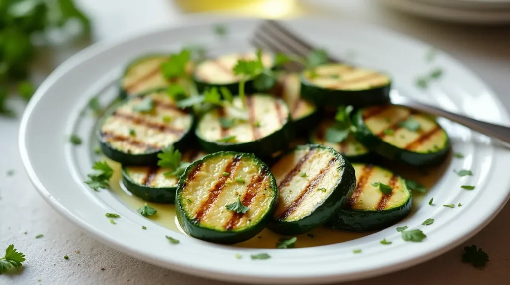 Grilled zucchini slices with grill marks and a slight char, garnished with fresh parsley and drizzled with olive oil, served on a white plate with a fork beside it. The background features a rustic kitchen with soft natural lighting.