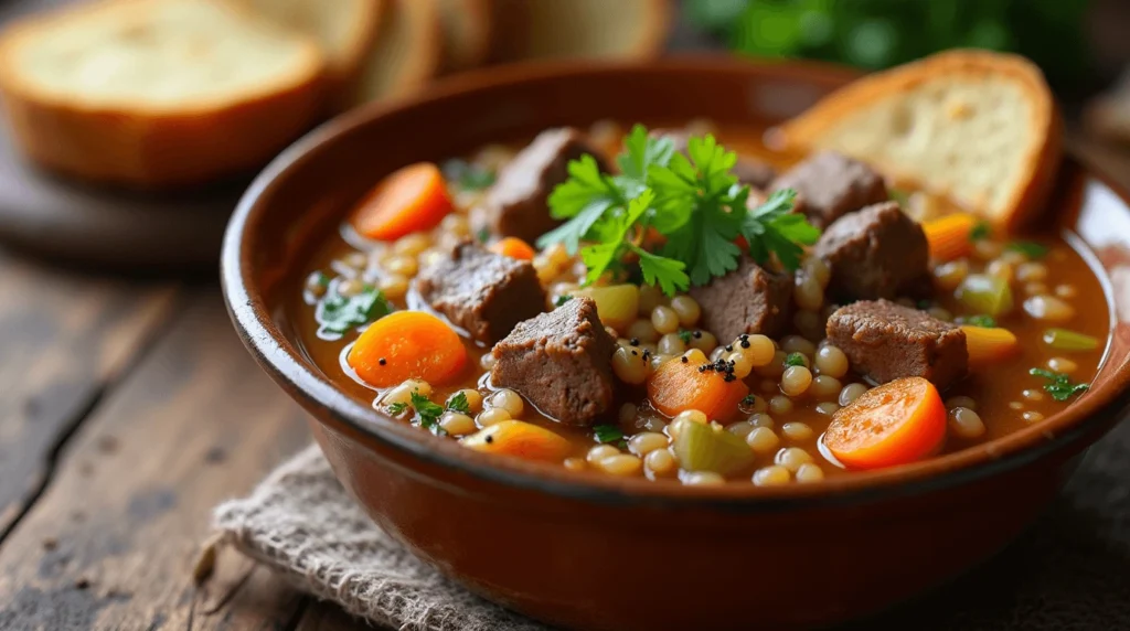 A warm bowl of homemade Beef Barley Soup with tender beef chunks, pearl barley, carrots, celery, and onions in a rich broth, garnished with fresh parsley and served with a slice of crusty bread on a rustic wooden table.