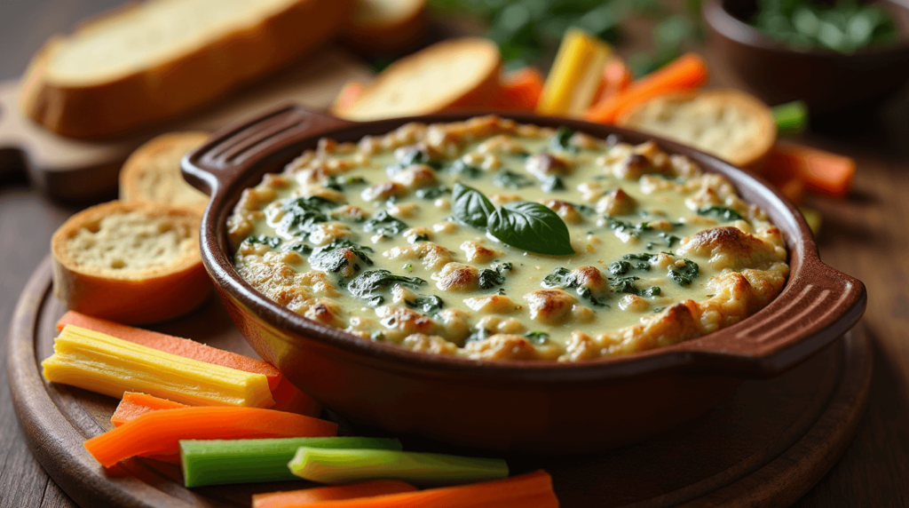 A creamy spinach and artichoke dish served in a white bowl, garnished with a sprinkle of Parmesan cheese.