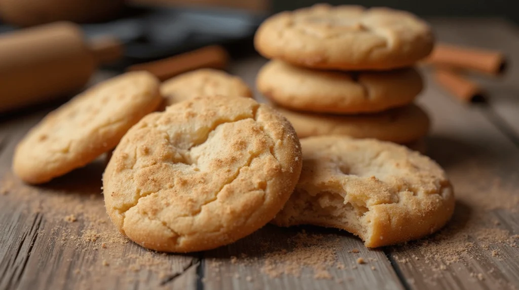 Snickerdoodles : Freshly baked Snickerdoodle cookies dusted with cinnamon sugar on a rustic wooden table.
