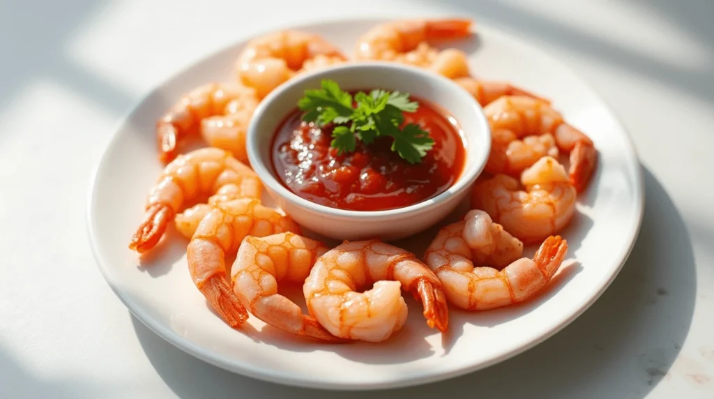 A clean white plate of shrimp cocktail featuring plump, perfectly cooked shrimp arranged around a bowl of vibrant red cocktail sauce, garnished with fresh parsley and a lemon wedge.