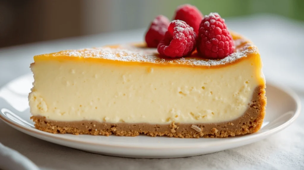 A close-up photo of a classic cheesecake with a creamy texture, golden-brown top, and graham cracker crust, garnished with fresh raspberries and powdered sugar on a white plate.