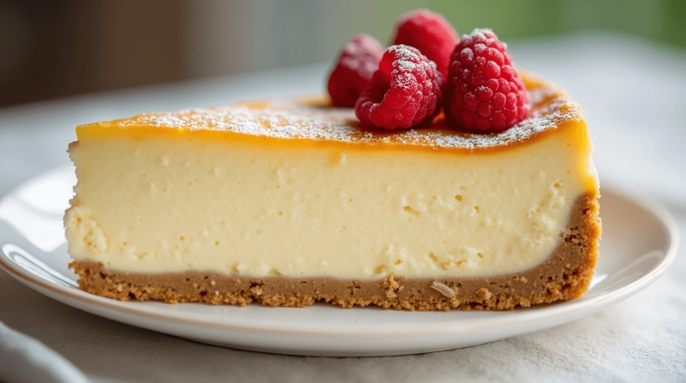 A close-up photo of a classic cheesecake with a creamy texture, golden-brown top, and graham cracker crust, garnished with fresh raspberries and powdered sugar on a white plate.
