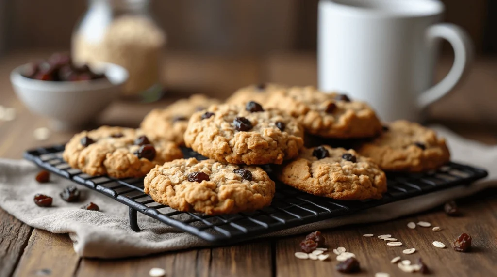 Freshly baked oatmeal raisin cookies on a cooling rack with a rustic wooden background, accompanied by a bowl of raisins and a jar of rolled oats.