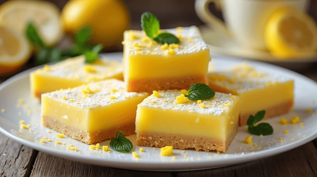 Golden lemon bars with a buttery crust and vibrant lemon filling, topped with powdered sugar and garnished with lemon zest and mint leaves
