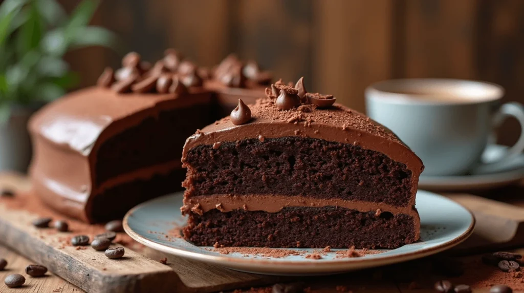 Close-up of a stack of fudgy brownies with a shiny, crackly top, sprinkled with powdered sugar and surrounded by chocolate chunks on a rustic wooden board.