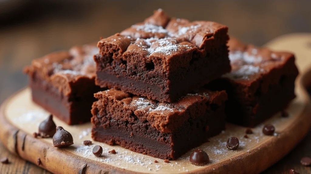 Close-up of a stack of fudgy brownies with a shiny, crackly top, sprinkled with powdered sugar and surrounded by chocolate chunks on a rustic wooden board.