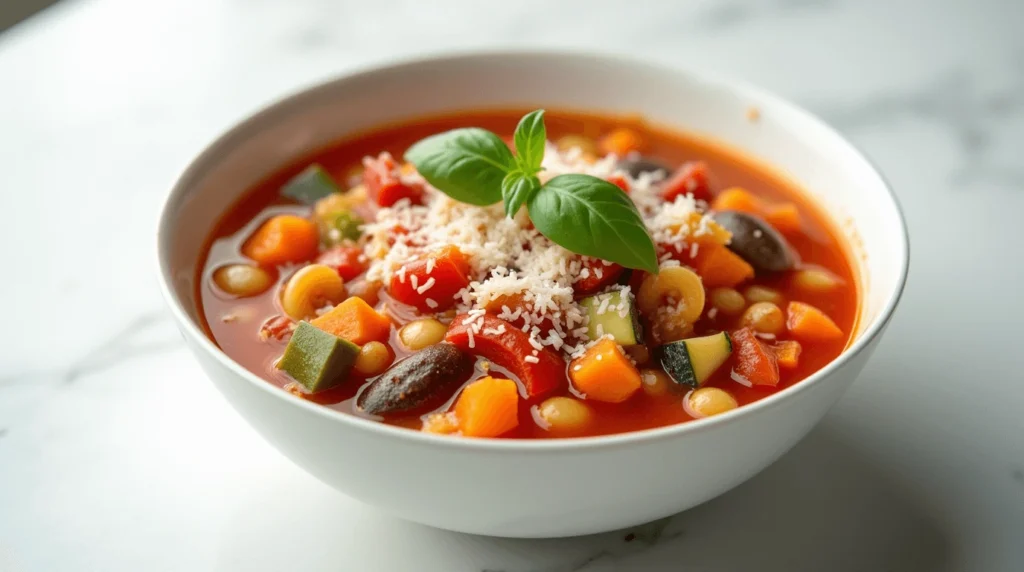 A bowl of minestrone soup with carrots, celery, zucchini, tomatoes, beans, and pasta, garnished with Parmesan cheese and basil, on a clean white surface with soft lighting.