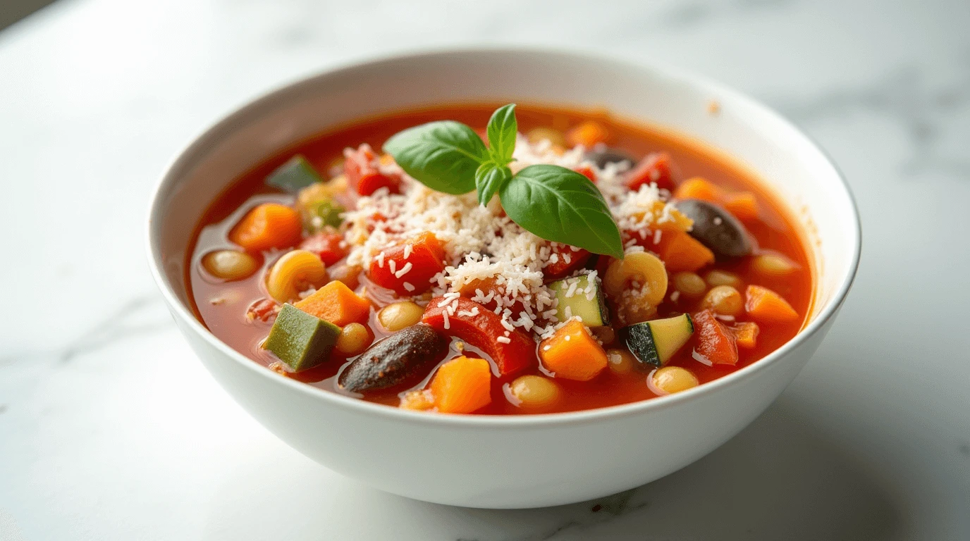 A bowl of minestrone soup with carrots, celery, zucchini, tomatoes, beans, and pasta, garnished with Parmesan cheese and basil, on a clean white surface with soft lighting.