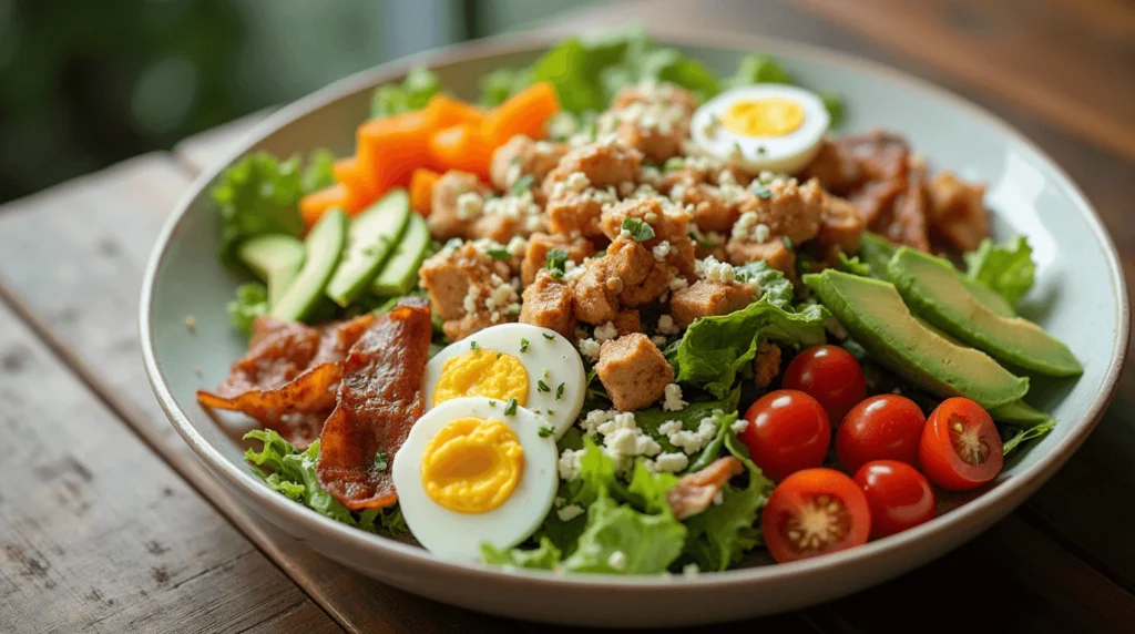 Close-up of a simple plate of Cobb Salad featuring vibrant green lettuce, sliced grilled chicken breast, crispy bacon strips, diced avocado, crumbled blue cheese, sliced hard-boiled eggs, and halved cherry tomatoes, all neatly arranged on the plate. The salad is dressed with a light drizzle of ranch dressing, creating a fresh and colorful appearance