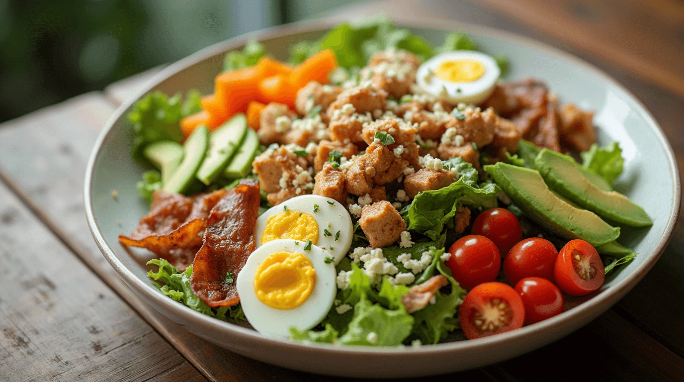 Close-up of a simple plate of Cobb Salad featuring vibrant green lettuce, sliced grilled chicken breast, crispy bacon strips, diced avocado, crumbled blue cheese, sliced hard-boiled eggs, and halved cherry tomatoes, all neatly arranged on the plate. The salad is dressed with a light drizzle of ranch dressing, creating a fresh and colorful appearance