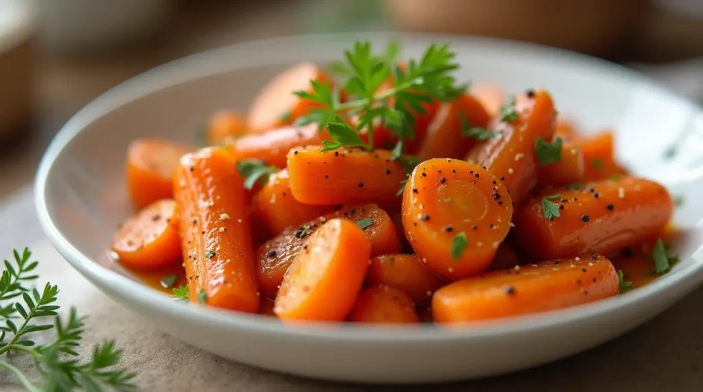 A close-up of glazed carrots, tender and coated in a glossy brown sugar and butter glaze, garnished with fresh parsley, served in a white ceramic bowl.