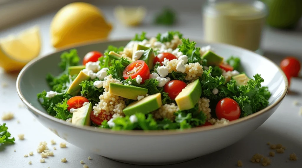 A vibrant kale and quinoa salad elegantly plated in a modern, well-lit kitchen. The dish features fresh greens, nutty quinoa, and colorful toppings, creating a healthy and visually appealing meal.