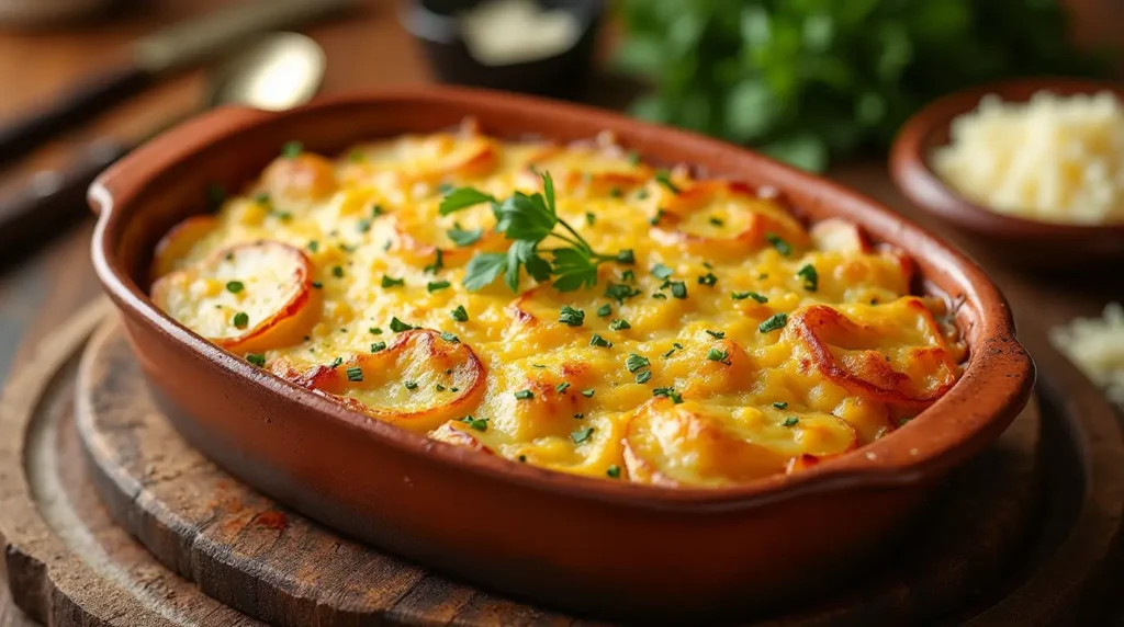A freshly baked dish of Scalloped Potatoes in a rustic ceramic casserole dish with a golden, bubbling cheese crust. The potatoes are thinly sliced and layered in a creamy sauce, topped with fresh parsley. The cozy kitchen setting includes a wooden table, a serving spoon, and a small dish of grated cheese, all bathed in warm, natural light.