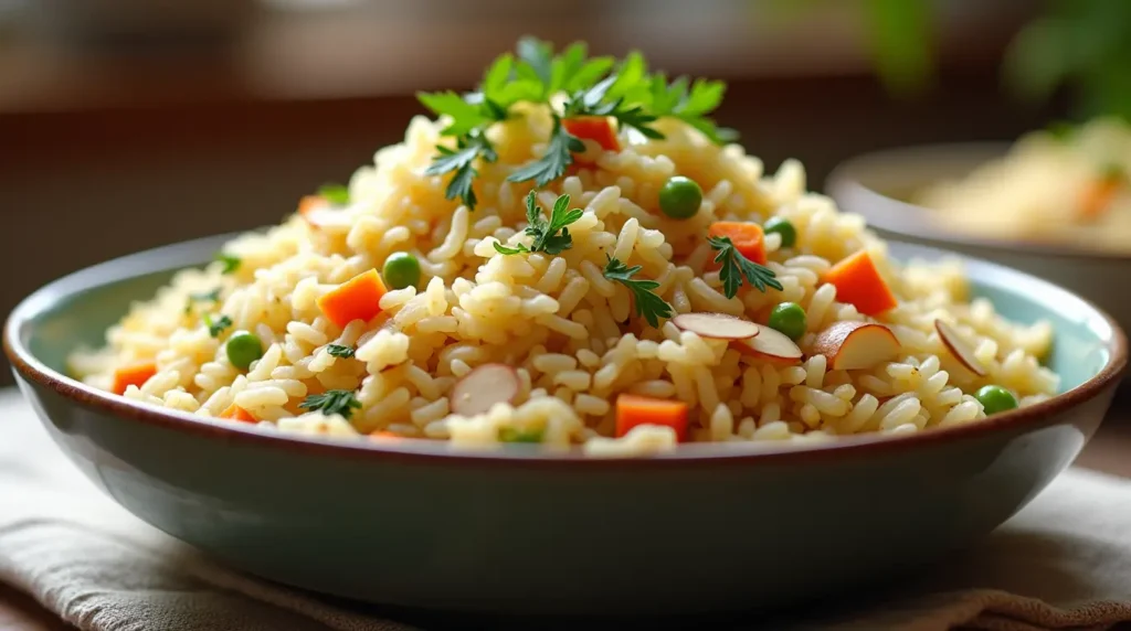 A bowl of fluffy and golden Rice Pilaf, garnished with fresh parsley and slivered almonds, served on a rustic wooden table with a linen napkin and wooden spoon beside it. Small diced carrots and peas add a vibrant pop of color.