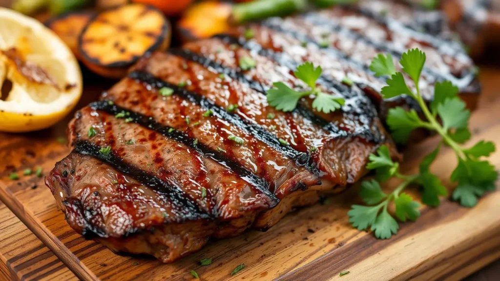 Realistic close-up of a minimalist plate featuring Arrachera steak, grilled to perfection