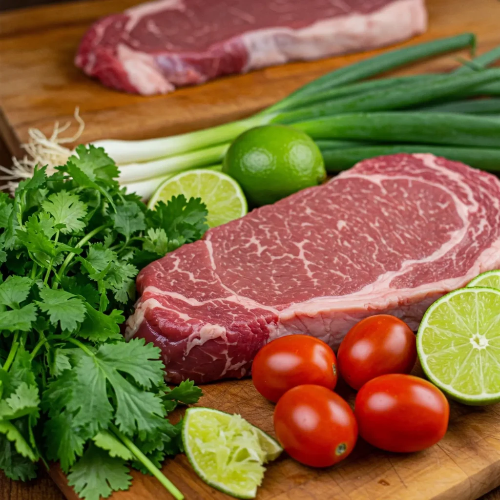 Fresh ingredients for Arrachera steak, including raw skirt steak, limes, garlic cloves, fresh cilantro, onions, and chili peppers arranged neatly on a wooden board.