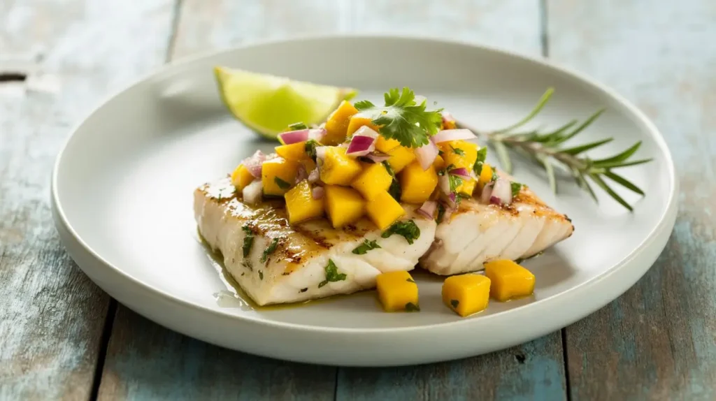 Grilled Mahi Mahi fillet topped with vibrant mango salsa on a white plate, garnished with herbs.