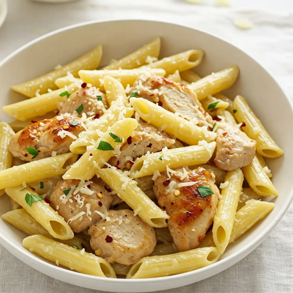 Close-up of penne pasta with grilled chicken, creamy sauce, and grated Parmesan cheese.