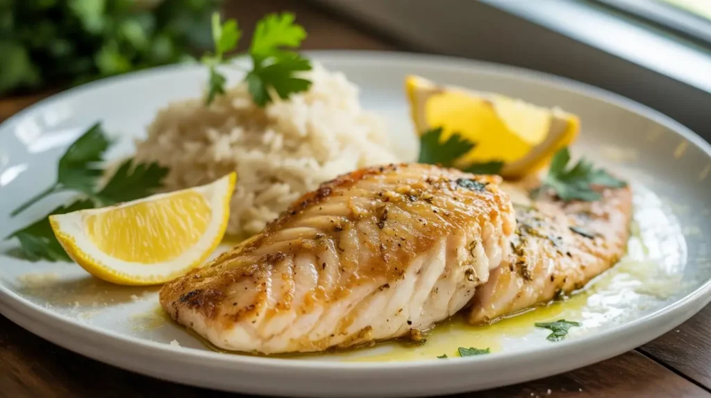 Close-up of Best Lemon Garlic Tilapia dish served with steamed vegetables on a white plate.