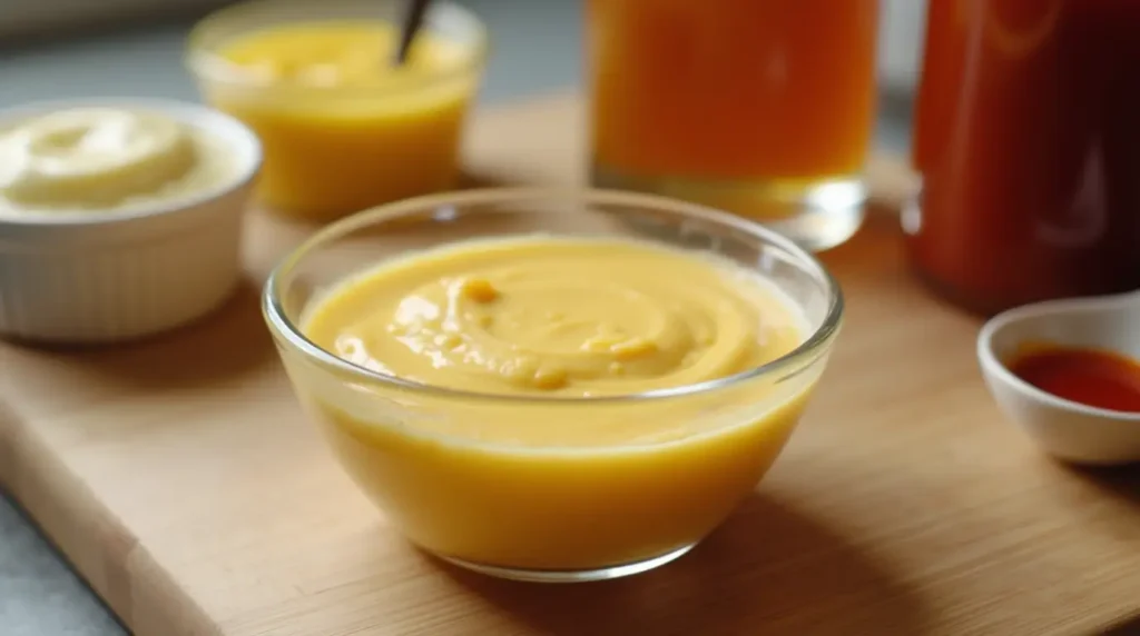Homemade Chick-fil-A sauce served in a small bowl, creamy golden color, surrounded by dipping fries.