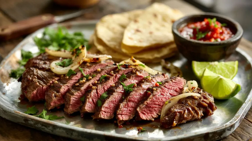 Sliced Arrachera steak served on a white plate with lime wedges and sea salt, presented in a minimalist style.
