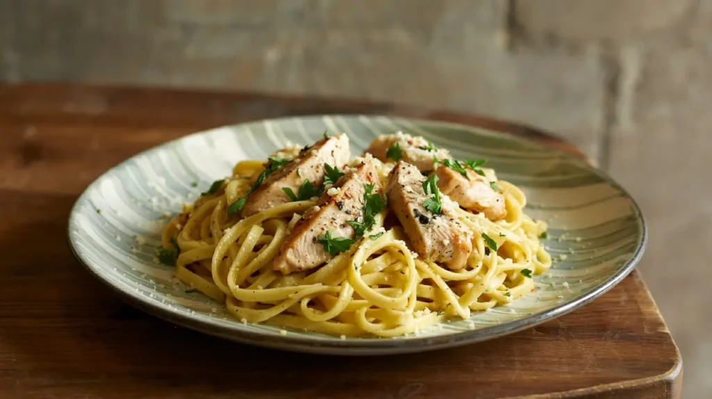 A minimalist plate of Garlic Parmesan Chicken Pasta with grated parmesan, chicken slices, and fresh parsley, served on a simple white plate.