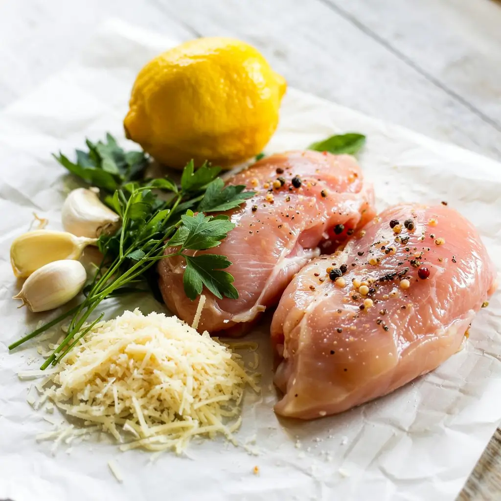 Fresh ingredients for Garlic Parmesan Chicken Pasta: chicken breasts, garlic cloves, lemon, fresh parsley, and parmesan cheese arranged on a white surface