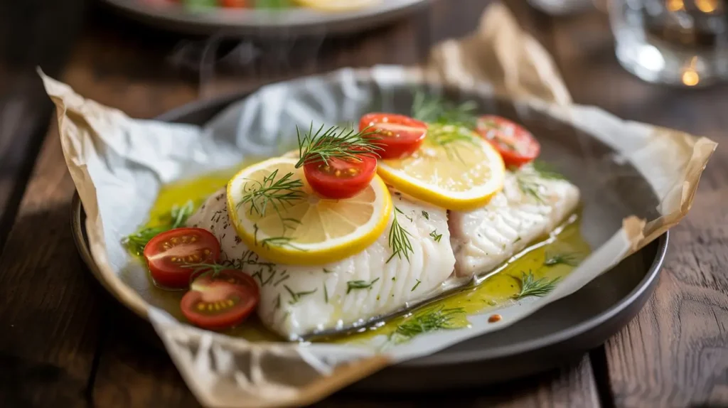 Halibut en Papillote opened on parchment paper, showing flaky white fish with lemon slices, cherry tomatoes, and fresh herbs.