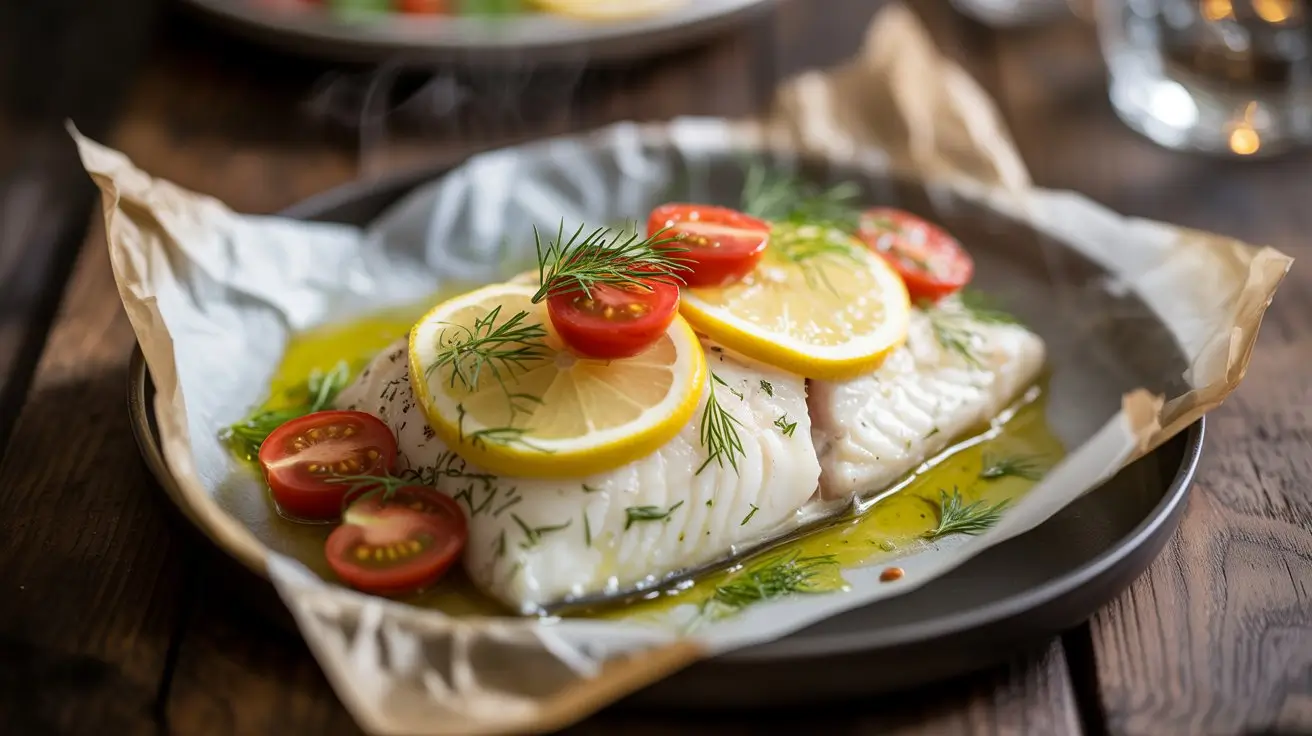 Halibut en Papillote opened on parchment paper, showing flaky white fish with lemon slices, cherry tomatoes, and fresh herbs.