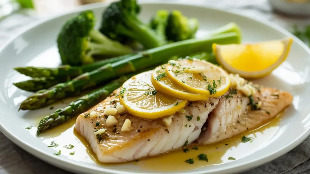 Close-up of Best Lemon Garlic Tilapia dish served with steamed vegetables on a white plate.