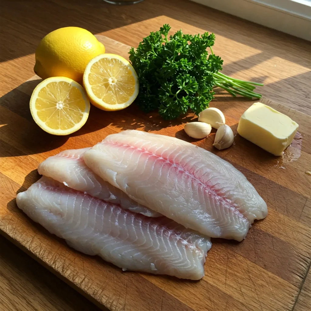 Fresh ingredients for Best Lemon Garlic Tilapia, including tilapia fillets, garlic cloves, lemon, olive oil, parsley, salt, and pepper arranged on a kitchen counter.