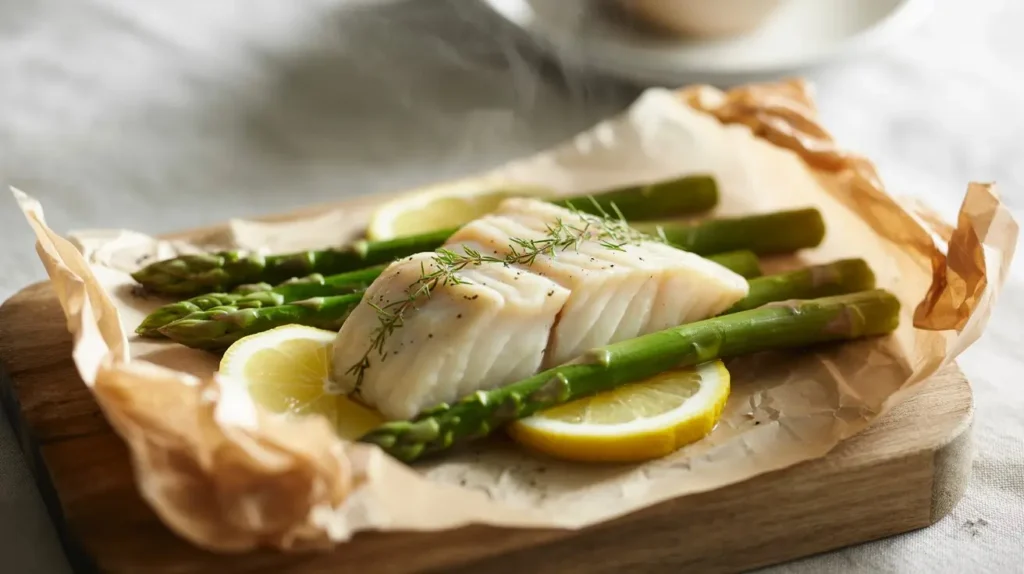 Halibut en Papillote opened on parchment paper, showing flaky white fish served in homemade table