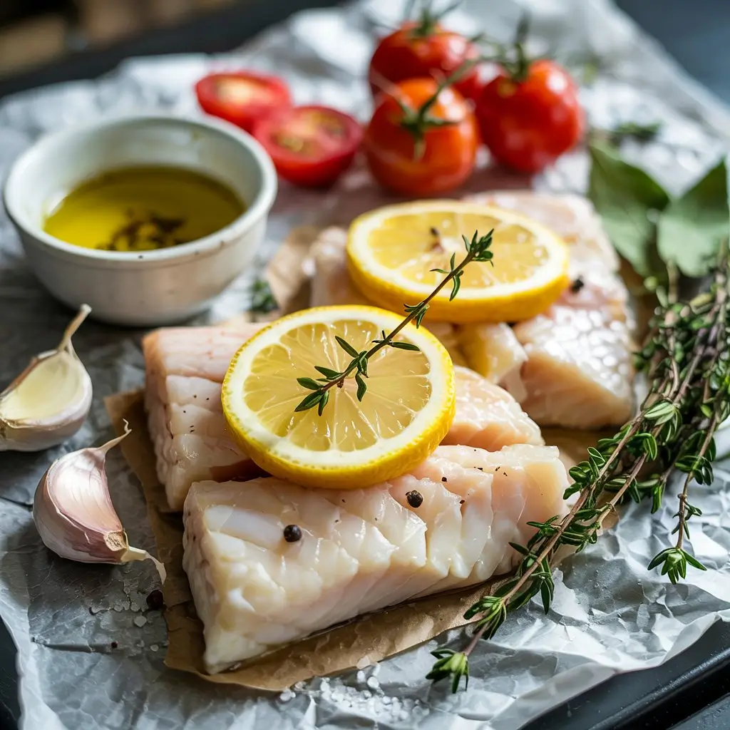 ingredients of Halibut en Papillote opened on parchment paper, showing flaky white fish with lemon slices, cherry tomatoes, and fresh herbs.